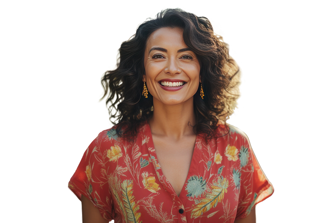 Woman in a floral shirt smiling at the camera